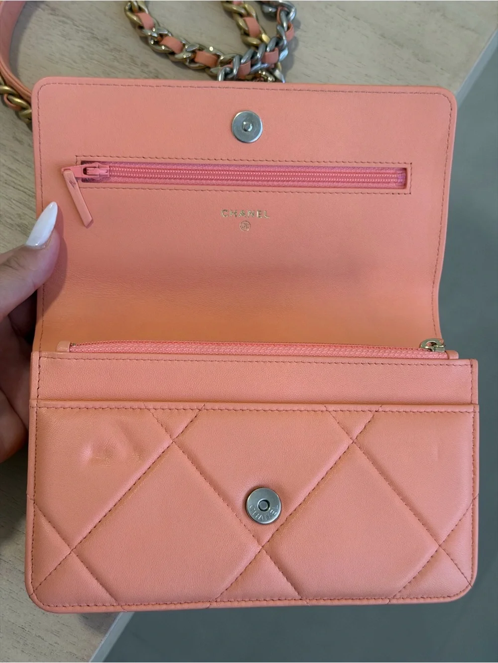 CHANEL 19 Wallet on Chain Salmon Lambskin Quilted mixed metal hardware